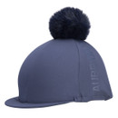 Navy Aubrion riding hat silk with faux fur pom pom and peak, side view with subtle branding on white background.