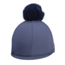 Navy riding hat silk with faux fur pom pom, plain cover and peak, front view on white background.