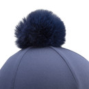 Close-up of navy faux fur pom pom on Aubrion riding hat silk cover.