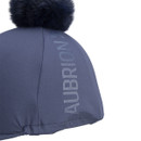 Close-up of subtle Aubrion logo on navy riding hat silk cover with elasticated hem.