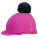 Bright pink Aubrion helmet cover with peak and black pom pom, side view showing subtle Aubrion branding.