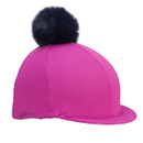 Bright pink Aubrion hat cover with peak and black pom pom, side view showing the snug stitched seam.
