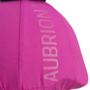 Close-up of Aubrion logo print on a bright pink helmet cover, showing fabric weave, stitching and elastic edge.