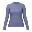 Studio product shot of a slate blue Aubrion Equestrian long-sleeve quarter-zip base layer with contrast piping and logo on the chest.