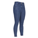 Aubrion Equestrian denim riding breeches front three-quarter view on a white background, showing button fastening and front pocket.