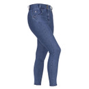 Aubrion Equestrian denim riding breeches full-length side view on a white background, showing high waist and slim leg.