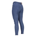 Aubrion Equestrian denim riding breeches full-length angled rear view on a white background, showing seat shaping and back yoke seams.