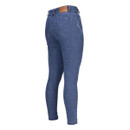 Aubrion Equestrian denim riding breeches full-length rear three-quarter view on a white background, showing back pocket area and leather waistband patch.