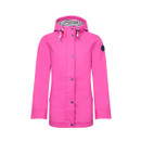 Front view of a bright pink hooded rain jacket with snap-button storm placket, drawcord hood and long sleeves.