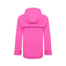 Back view of a bright pink hooded rain jacket with a storm flap across the shoulders.