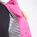 Close-up of the jacket opening showing the striped inner lining and snap fasteners.