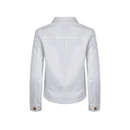Back view of a white canvas jacket with long sleeves, cuff buttons and a centre back seam.