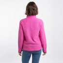 Back view of model wearing the bright pink textured zip-up fleece with a stand collar and dark trim.