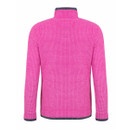 Back view of the bright pink textured zip-up fleece with a stand collar and dark trim at the cuffs and hem.