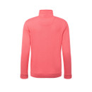 Back view of the coral-pink half-zip sweatshirt with a funnel neck and ribbed cuffs and hem.