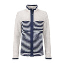 Ecru and navy striped zip-up knit jacket with a stand collar, full-length navy zip placket, and long sleeves.