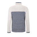 Back view of the ecru and navy striped zip-up knit jacket with a stand collar and horizontal stripe panel across the body.