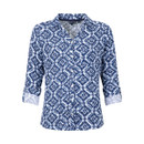 White button-up shirt with an all-over navy floral tile print, open collar, and 3/4 sleeves with roll-up cuffs.