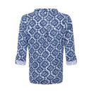 Back view of the white shirt with navy floral tile print and 3/4 roll-up sleeves.