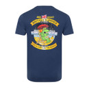 Navy crew-neck T-shirt with a large colourful “The Great British Summer is here” graphic of a cartoon fish on a deckchair holding cod and chips, with beach scene details and the slogan “Time for cod & chips on the beach.”