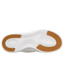 White trainer sole with wavy grooves. Orange accents at heel and toe. Modern design suggests comfort and style. Minimalist, clean look.