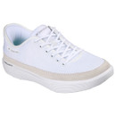 White athletic trainer with a mesh upper and beige suede accents, featuring white laces. The shoe has branding and "Arch Fit" printed on the sole.