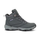 Grey mid-cut hiking boot with lace-up fastening, cushioned sole, and rugged black outsole on a white background.