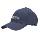 Angled front view of navy Aubrion Equestrian cap showing stitched panels, curved peak and embroidered branding.