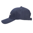 Side profile of navy Aubrion Equestrian baseball cap showing curved brim and crown panel stitching.