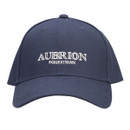 Front view of navy Aubrion Equestrian baseball cap with curved brim and white embroidered logo on the crown.