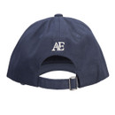 Back view of navy Aubrion Equestrian baseball cap with AE embroidery, adjustable strap and metal buckle.