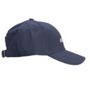 Side angled view of navy baseball cap showing structured crown, stitched panels and curved peak.