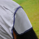 Close-up of the grey mesh shoulder section of the fly rug with navy binding trim.