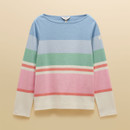 Pastel striped Joules long-sleeve jumper with boat neckline in blue, green, pink and cream, photographed on a neutral background.