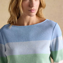 Close-up of the jumper’s boat neckline and pastel blue and green stripes on the chest, showing the fine knit texture.
