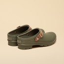 Pair of khaki green Joules clogs viewed from the back, highlighting the chunky sole and heel branding.