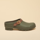 Side view of a khaki green Joules clog with brown buckle strap and chunky rubber sole.