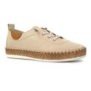 Angled side view of a beige leather lace-up shoe showing white laces, metal eyelets and stitched cork-effect midsole.