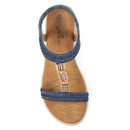 Top-down view of navy braided T-bar sandals with gold and diamanté centre detail and a cushioned tan insole.