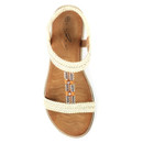Top-down view of cream braided T-bar sandals with gold and diamanté centre detail and a cushioned tan insole.