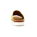 Rear view of bright yellow mule sandal on a white background, showing the open back and chunky white sole.