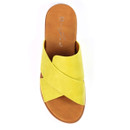 Top-down view of bright yellow crossover strap mule sandal on a white background, with tan footbed and wide straps.