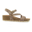 Side profile of leopard print wedge sandals on a white background, highlighting the cork-effect wedge and crossed strap design.