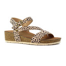 Angled product shot of leopard print wedge sandals with crossed straps, buckle ankle strap and cork-effect platform sole on a white background.