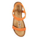 Top-down view of orange braided T-bar wedge sandal with diamanté centre detail and cushioned tan footbed.