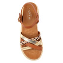 Top-down view of tan espadrille flatform sandal with mixed crossover straps and cushioned tan footbed.