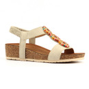 Beige wedge sandals with an elasticated slingback strap, featuring colourful beaded embellishments and a cork-effect wedge sole on a white background.