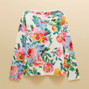 Flat lay of a white long-sleeve floral print top with colourful painted flowers on a beige background.