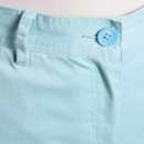 Close-up of light blue chinos waistband with blue button, belt loop and zip fly stitching.