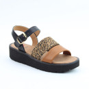 Platform sandal with a tan front strap, leopard-print mid strap, and a black ankle strap with a gold buckle on a white background.